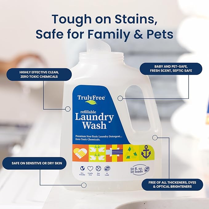 Natural Laundry Detergent for Sensitive Skin | Eco Friendly, Plant Based, Baby Clothes Safe | Clean & Easy Powder to Liquid, 1 Pack Detergent + 1 Refillable Jug | Signature Scent, 50 Loads
