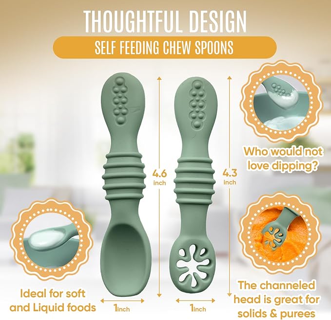 8pc Silicone Baby Spoons & Forks Set – Self Feeding Baby Utensils 6-12 Months – BPA Free, Dishwasher Safe – Toddler Cutlery (Turquoise/Pickle & Green/Yellow)
