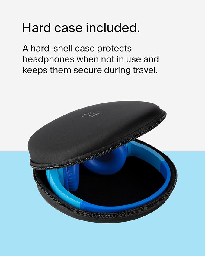 Belkin SoundForm Mini - Wireless Bluetooth Kids Headphones, 30H Battery, 85dB Safe Volume Limit, Built-in Microphone - Toddler On-Ear Earphones for iPhone, iPad - Ideal for School - Blue w/Case