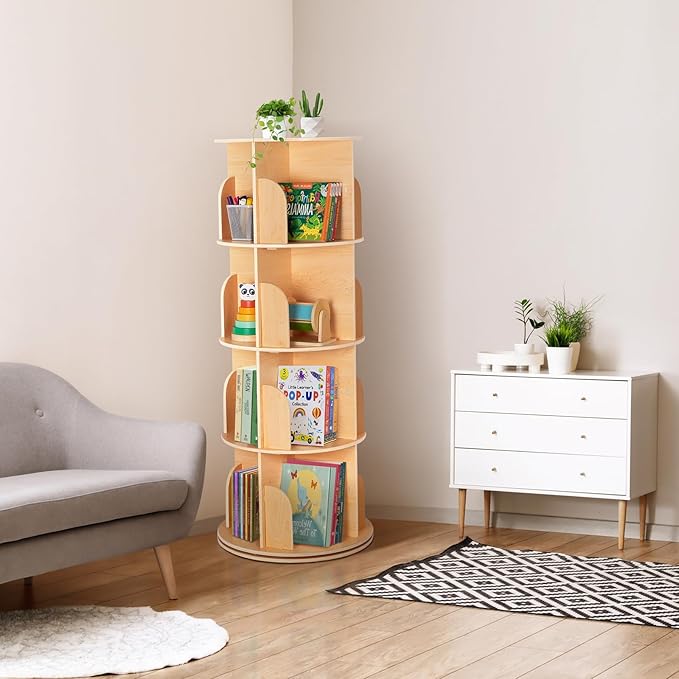 OOOK Rotating Bookshelf for Kids & Adults, Spinning Bookshelf Tower with Large Capacity for Small Space, 360° Display 4 Tier Floor Small Round Corner Shelf for Library, Bedroom, Living Room, Office