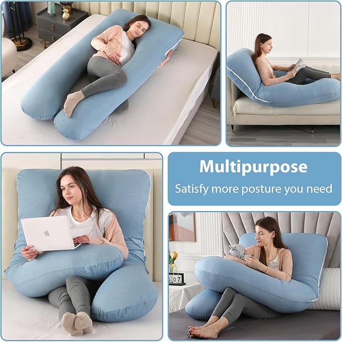 Amagoing Cooling Pregnancy Pillow for Sleeping, U Shaped Maternity Full Body Pillow for Women with Hip, Leg, Back Pain Support, Removable Cooling Cover Included (Light Blue)