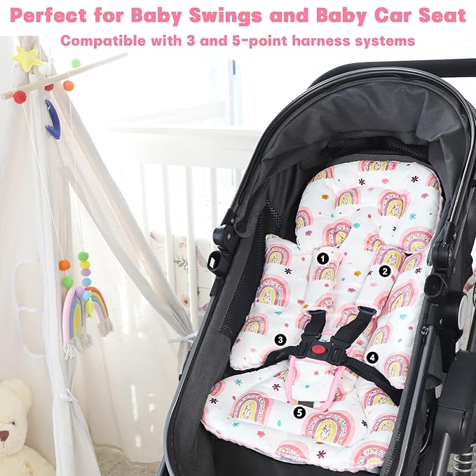Infant Car Seat Insert with 3 Strap Covers, 3 in 1 Reversible Rainbow Baby Car Seat Head Support for Newborn, Baby Girl Newborn Essentials for Preemie to Infant, Stroller, Swing, Bouncer (Pink)
