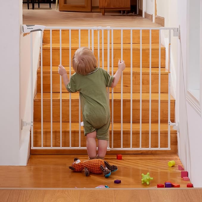 Babelio 34" Extra Tall Baby/Dog Gate with No Threshold Design Walk Thru Door, 26-43" Auto Close Safety Gate for Babies, Elders and Pets, Fits Doorways, Stairs, and Entryways, White