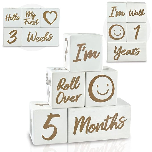 I'm Solid Wood Weekly Monthly Yearly Baby Milestone Age Blocks, Gender Neutral, Newborn Gifts & Keepsakes for Picture Props (5 Pcs/White)