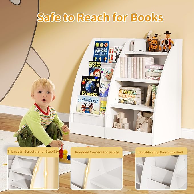 4 Tier Kids Bookshelf Set of 2, 4 Layer Sling Kids Book Shelf for Kids Rooms,Wood Children Bookcase,Baby Storage Book Rack,Toddler Bookshelf, Book and Toy Organizer,Book Display Shelf for Nursery