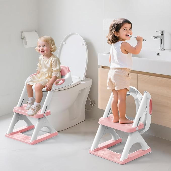 SKYROKU Potty Training Seat for Toddlers – 2-in-1 Adjustable Potty Ladder with Step Stool, Anti-Slip Cushion, Splash Guard & Extra-Wide Pedals, Supports 200+ lbs, Ideal for Boys & Girls (Pink)