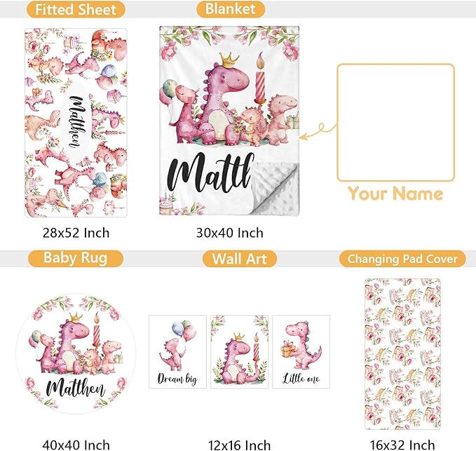 Custom Baby Crib Bedding Set - 5 Pcs Personalized Name Pink Dinosaurs Crib Set for Infants Toddlers Girls - Soft Double Layer Nursery Bedding Set - Customized Present for Birthday Baby Shower