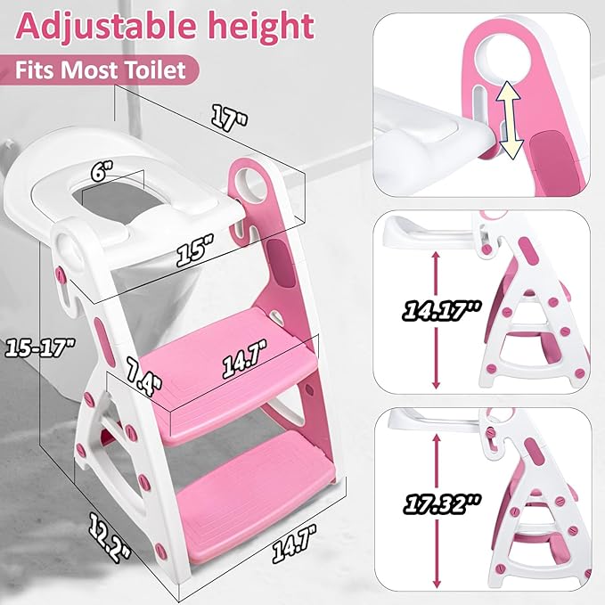 Primlect Potty Training Seat, 2-in-1 Toddler Toilet Seat with Step Stool, Ultra-Stable Potty Chair Attachment, Adjustable Seat and Step Ladder, Non-Slip Design, Splash Guard for Boys and Girls(Pink)