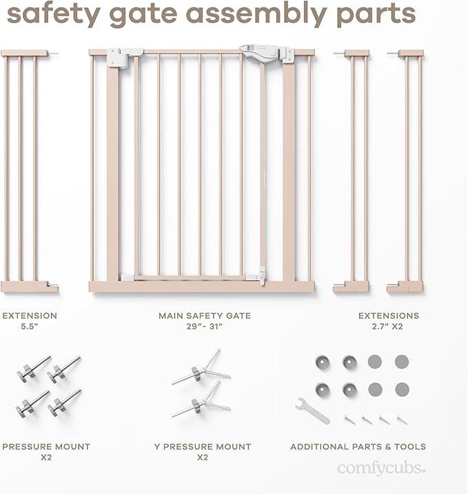 Comfy Cubs Baby Safety Gate with 3 Extensions - Adjustable 42" x 1.9" x 30" Q195 Steel Doorway Barrier - Powder-Coated Finish for Stairs and Doorways - Walk-Through Design Pet Gate - Blush