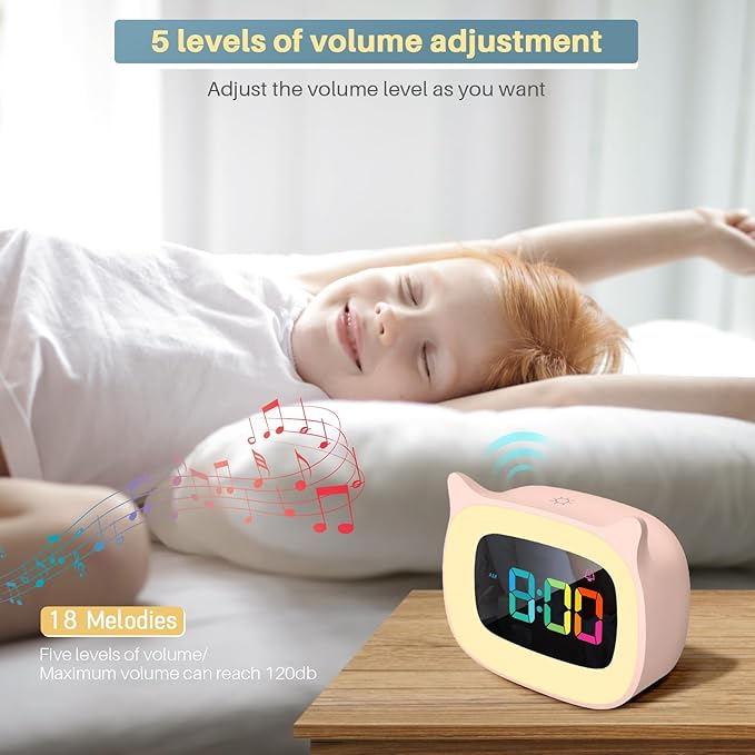 Cute Cat Ear Alarm Clock with RGB 7 Color Night Light & 18 Ringtones,Rechargeable Clock for Kids Bedroom,LED Colorful Digital Display,Bedside Clock for Boys,Girls Birthday Presents(Pink)