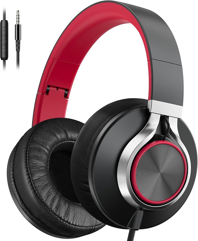 AILIHEN Wired Headphones with Microphone, Over-Ear Foldable Corded Head Phones with Volume Control 3.5mm Jack for Teens Adult Smartphones Chromebook (Red)