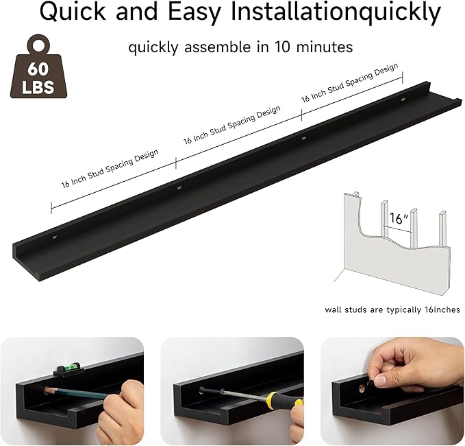 Floating Picture Ledge Shelves for Wall Set of 2, 72 Inches Picture Ledge Shelf with Long Large Nursery Book Shelf for Toys Storage Kids Bookshelf Wall Mounted Living Room Bedroom Decor Frames, Black