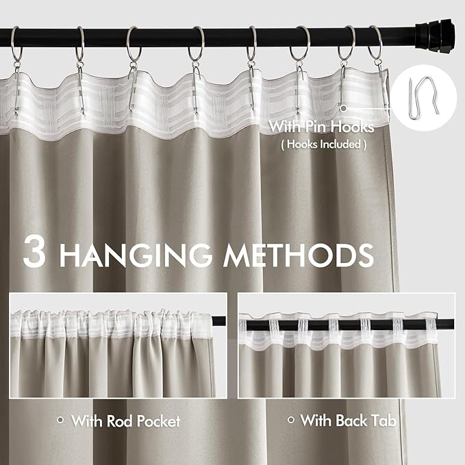 MIULEE Stone Back Tab Blackout Curtains 90 Inches Long 2 Panels Set for Living Room Bedroom Privacy, Rod Pocket/Pinch Pleat Thermal Insulated Room Darkening Pleated Light Blocking Drapes