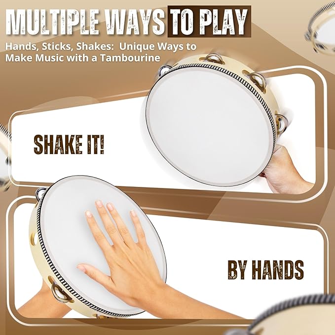 Flexzion Wood Handheld Tambourine for Kids (2 Pack) 8 Inch Double Row 12 Pair Jingles, Hand Held Percussion Drum Moon Musical Instrument with Metal Bell