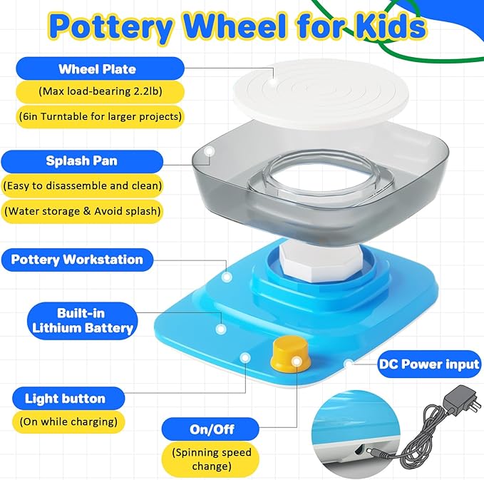 Innofans Pottery Wheel for Kids - Complete Pottery Kit & Tools for Beginners, Plug-in Rechargeable Battery, Upgraded Detachable Turntable Adjustable Speed, DIY Clay Maker for Kids 9-12 (Patented)