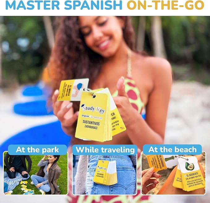 300 Vocabulary Flashcards | Double Sided English-Spanish Bilingual Flashcards for Adults & Kids Ages 12+ | Portable Noun Flash Cards to Learn Spanish for Adult Beginners