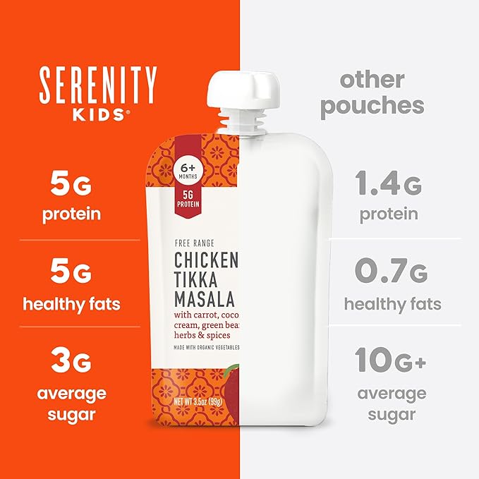 Serenity Kids 6+ Months World Explorers Toddler Pouches - BPA-Free Baby Food Puree with Ethically Sourced Meat & Organic Veggies - Chicken Tikka Masala - 3.5 Oz 6 Pack