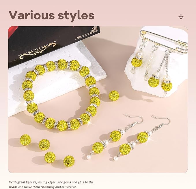 160pcs 10mm Rhinestone Beads for Jewelry Making, Yellow Shiny Round Disco Ball Beads Bulk, Sparkle Crystal Clay Christmas for Bracelet Baseball Necklace Earring Crafting and DIY