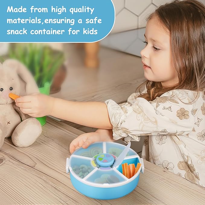 Kids' Rotating Snack Container Set – 2-Pack, Includes 1 Rotating Snack Container & 1 Round Sectioned Snack Box, BPA-Free, Dishwasher Safe, Perfect for Travel-Blue