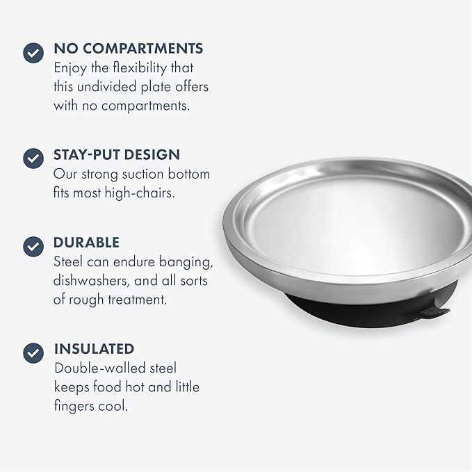 Avanchy Open Baby Plates with Suction – Stainless Steel Divided Plates for Toddlers, BPA-Free, Dishwasher Safe, Unbreakable, Non-Toxic, 100% Silicone Suction – Blue