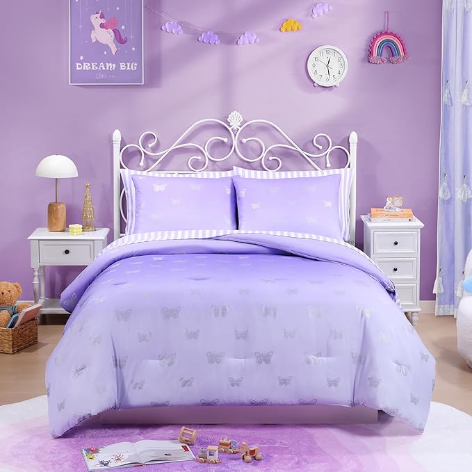 Twin Comforter Set with Sheets for Girls-5 Pieces Twin Bedding Sets with Purple Comforter, Sheets, Pillowcase & Sham for Kids (Purple Butterfly, 66" X 86")