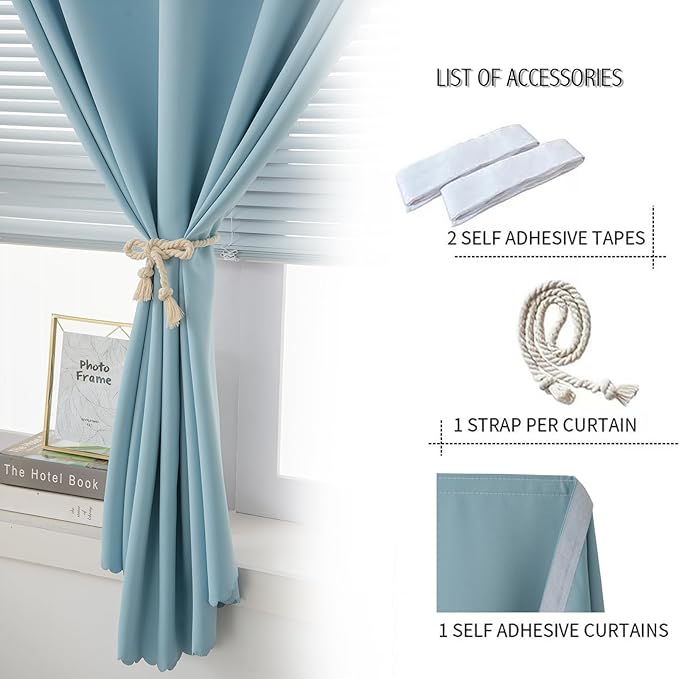 Self Adhesive Curtains, Black Out Shade for Window, Blackout Fabric Temporary Window Coverings Easy to Hang Curtains No Rod Needed, Use for Bedroom, Room, Kitchen, 47" W X 59" L, Lake Blue, 1 Panel