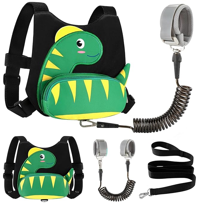 Accmor Toddler Harness Leash + Anti Lost Wrist Link, Cute Dinosaur Kids Harness with Leash, Mini Child Harness Leash Wristband Tether Protector for Baby Boys Girls Age1-3 Years Old to Outdoor Travel
