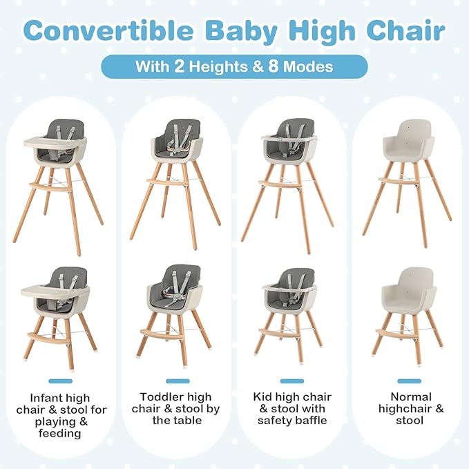 HONEY JOY Baby High Chair, 6-in-1 Eat & Grow Wooden Highchair/Toddler Chair with Removable Tray, 5-Point Harness, PU Cushion and Footrest, Convertible High Chair for Babies and Toddlers(Dark Gray)