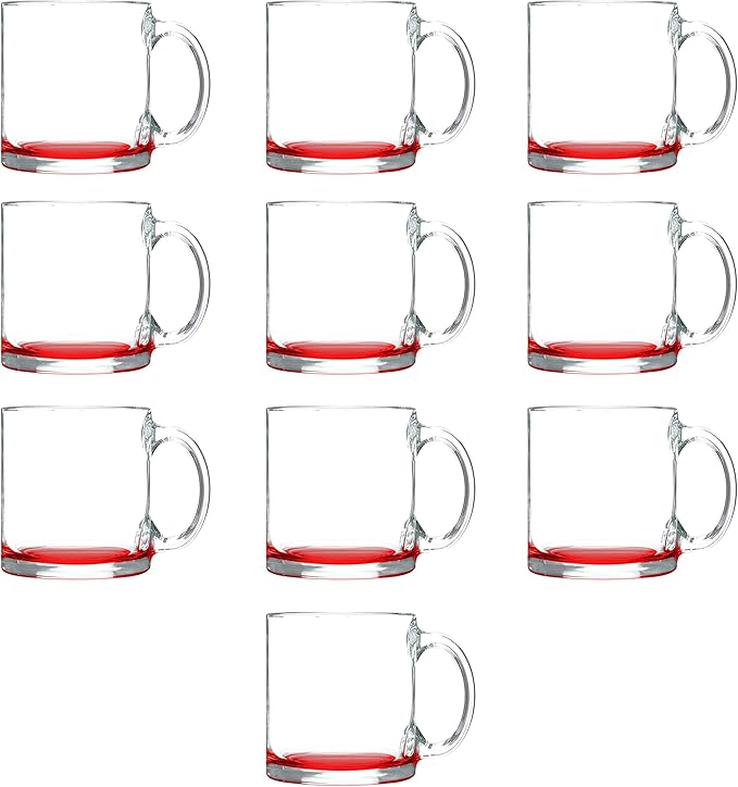 Libbey Clear Glass Coffee Mugs 13 oz. Set of 10, Bulk Pack - Perfect for Coffee, Tea, Espresso, Hot Cocoa, Other Beverages - Red Bottom
