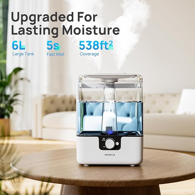 CHIVALZ 6L Humidifiers for Bedroom Large Room Home, Cool Mist Top Fill Humidifiers for Baby Nursery and Plants, 26dB Quiet, Nightlight, Up to 50 Hours, Oil Diffuser 1 Pack + 2 Mist Outlets White