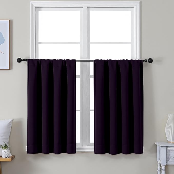 Simplebrand Ava BlackBerry Short 36 Inches Blackout Curtain 2 Panels Set, Half Window Rod Pocket Privacy Curtain Tiers for Kitchen, Curtains Blackout for Bathroom Shades, W40 x L36 Inch, BlackBerry