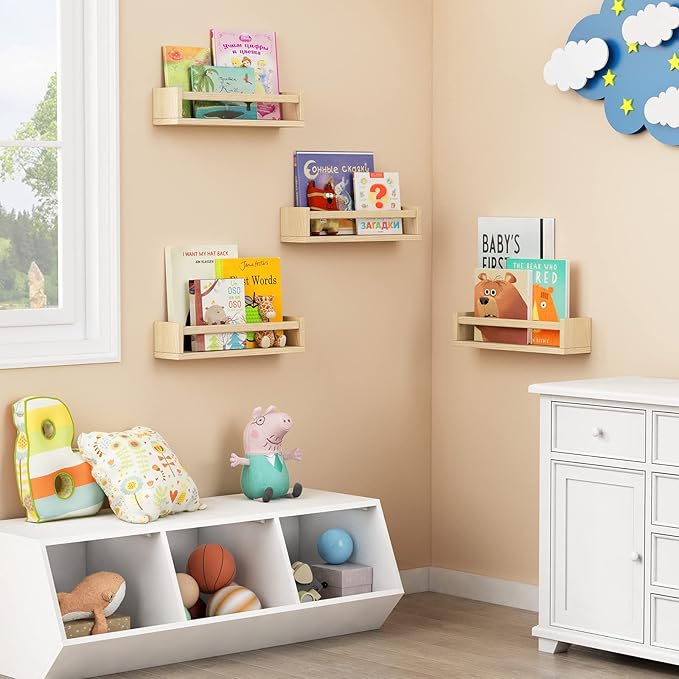 Forbena Natural Wood Nursery Book Shelves Wall Mounted, Floating Bookshelf for Kids Room, Toys and Books Storage Organizer Bookshelves for Toddler Child Bedroom Bathroom (4 Pack Natural Wood)
