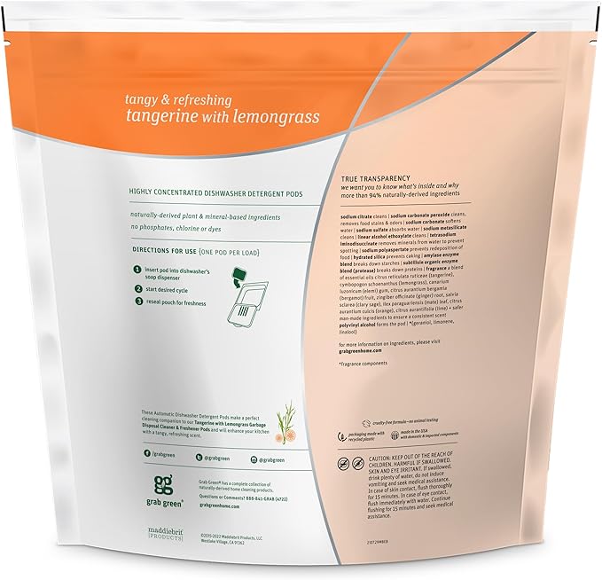Grab Green Automatic Dishwashing Detergent Pods, 132 Count, Tangerine Lemongrass Scent, Plant and Mineral Based, Superior Cleaning, Powerful Grease Removal, Brilliant Shine
