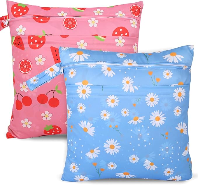 2pcs Cloth Diaper Wet Dry Bags, Waterproof Reusable Wet Bag with 2 Zipper Pockets & Handle, Washable Laundry Bags for Baby Adult Clothes Travel Beach Pool Daycare Yoga Gym Exercise Swimsuits,