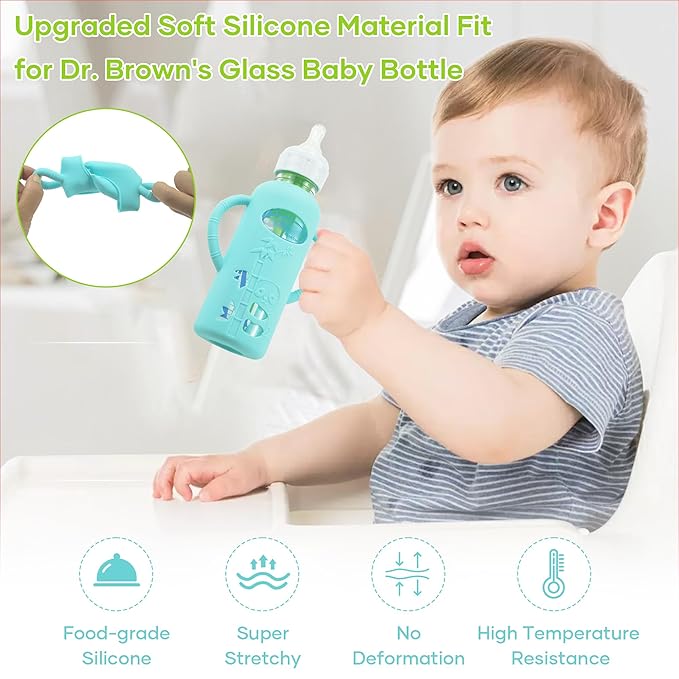 4 Pack Silicone Sleeves for Dr. Brown's Glass Baby Bottles, Anti Breakage Durable Baby Bottle Holder with Easy Grip Handles, Narrow Sleeve with a Cutout, Dishwasher/Freezer/Microwave Safe, 8 oz