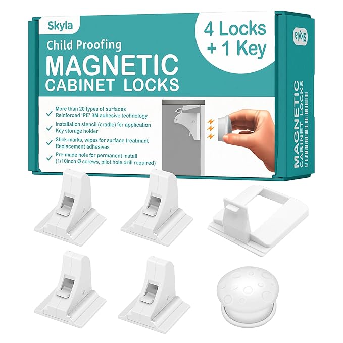 SKYLA HOMES Magnetic Cabinet Locks Baby Proofing Child Safety - The Safest Quickest and Easiest Multi-Purpose 3M Adhesive Child Proof Latches, No Screws or Tools Needed (4 Pack)