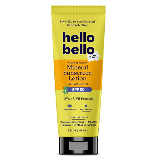 Hello Bello Kids Mineral Sunscreen SPF 50 Lotion - Broad Spectrum Sun Protection for Sensitive Skin - Water Resistant with Antioxidants - 5oz