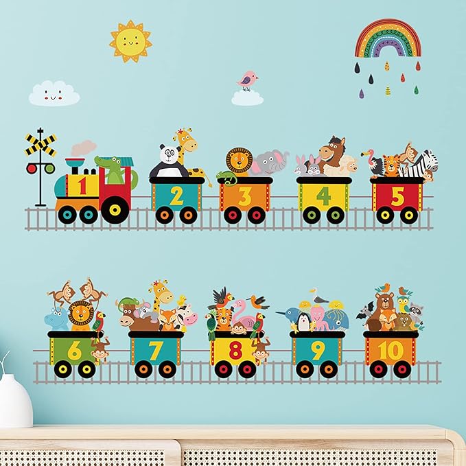 Alphabet Train Color Learning Educational Wall Decals Peel and Stick Cute Animal Wall Stickers for Educational Classroom Kids Playroom Bedroom Decorations (Train numbers02)