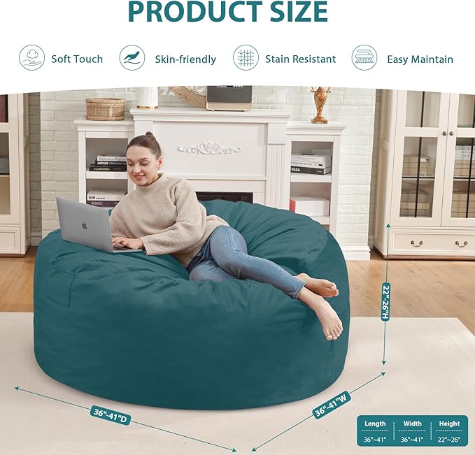 3FT Bean Bag Chair, Comfy Bean Bag Chairs with Memory Foam Filled, Fluffy Beanbag Sofa with Dutch Velvet Cover, Round BeanBag Chairs for Living Room, Playroom - Sea Blue