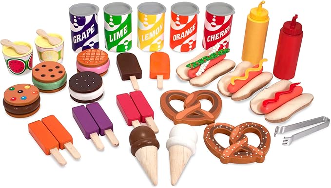 Melissa & Doug Wooden Snacks and Sweets Food Cart - 40+ Play Food pcs, Reversible Awning