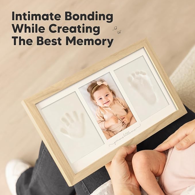 Baby Hand and Footprint Kit - Clay Handprint Keepsake Frame, Newborn Nursery Picture Frame, Personalized New Mom Gifts for Baby Shower & Registry (Ash Wood)