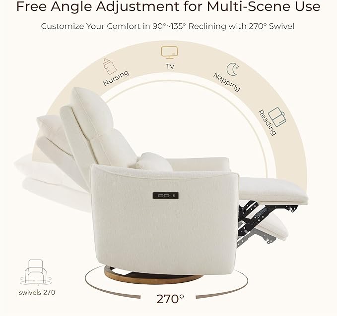 CHITA Swivel Rocker Recliner Chair, Power Nursery Glider Recliner, Nursery Rocking Chair with Adjustable Power Headrest, FSC Certified, Solid Wood Base, Cream