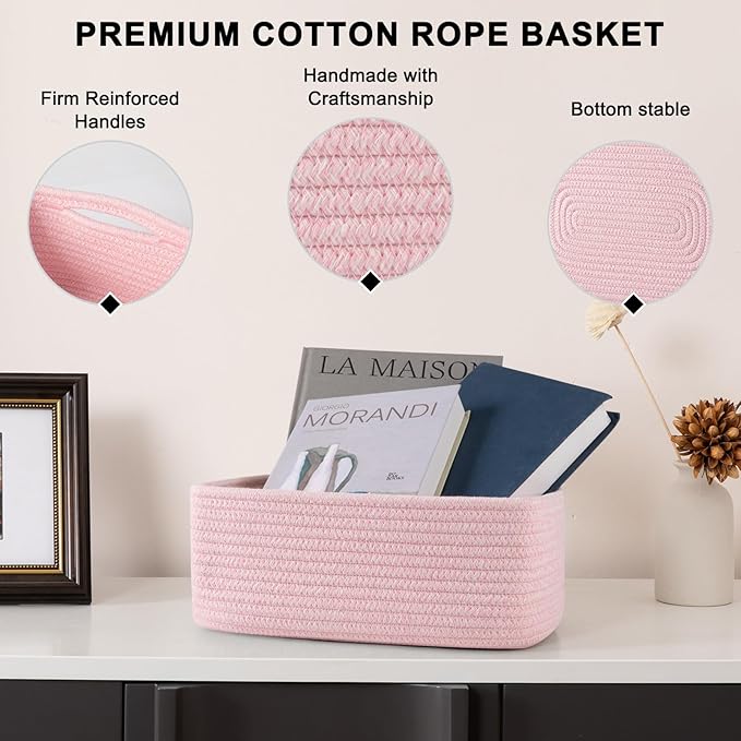 4 Pack Small Storage Shelf Baskets for Organizing, Mini Woven Rope Storage Bins for Towels, Cute Decorative Closet Organizer，Baby Nursery, Gift Empty Baskets -11.81''Lx7.87''Wx4.72''H-Pink