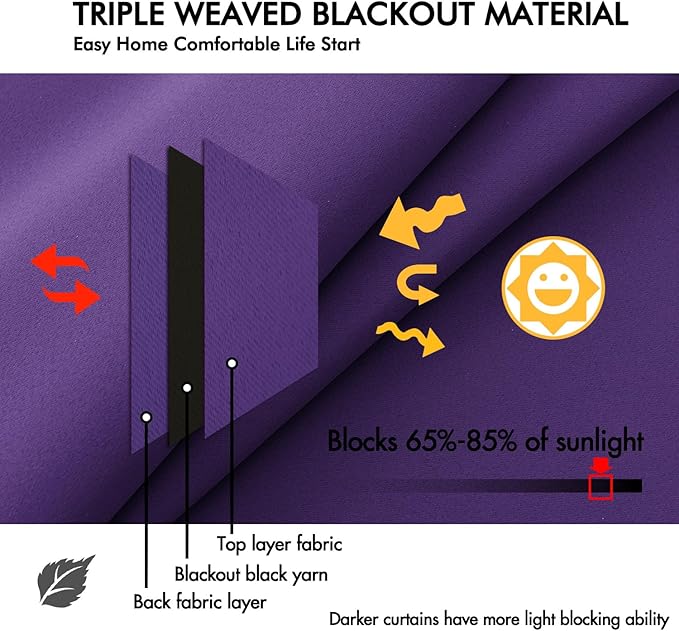 ANRODUO Back Tab Blackout Curtains for Bedroom Living Room, Rod Pocket Pinch Pleated Thermal Insulated Room Darkening Curtains 90 Inches Long 2 Panels, Purple, 42 x 90 Inch