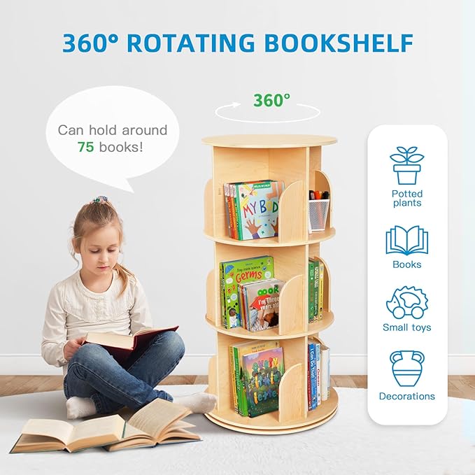 OOOK Kids Rotating Bookshelf, Small Corner Bookshelf for Small Space, 360° Display 3 Tier Floor Standing Bookcase Storage Rack, Wooden Narrow Bookcase Organizer for Bedroom, Living Room