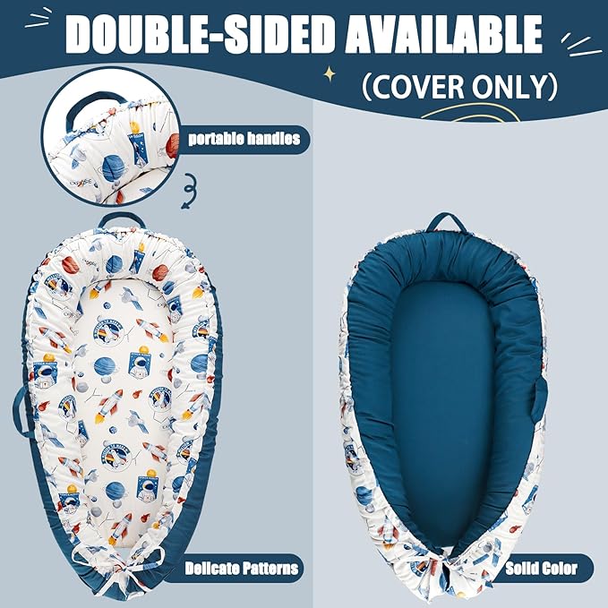 Baby Lounger Cover for Boys Girls, Reversible Baby Nest Cover, Adjustable Baby Lounger Replaceable Cover for Infant Newborn, Portable and Machine Washable, Cotton Blue Rocket Cover Only