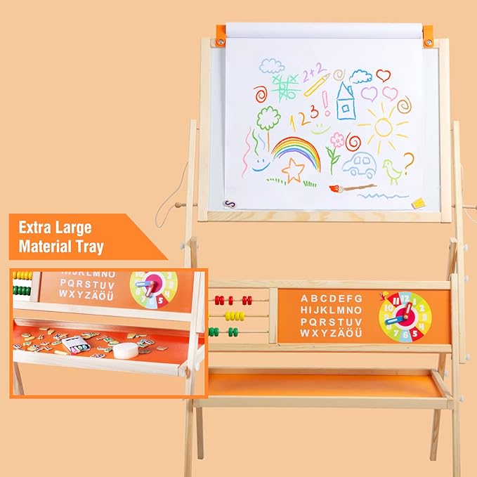 3-in-1 Wooden Easel for Kids, Toddle Double-Sided Easel with Magnetic Whiteboard and Painting Blackboard, 360° Rotatable, Paper-roll Holder, Storage Tray, and Stickers Included