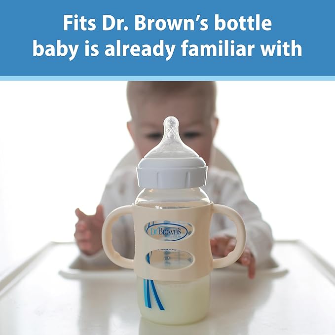 Dr. Brown's Wide-Neck Baby Bottle Handles, 100% Silicone, Easy Grip Removable Handles for Bottle to Sippy Cup Transition, Black/Ecru/Pink, 3-Pack, 4m+