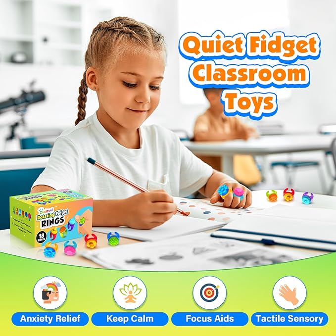 Fidget Rings Sensory Toys for Kids: 18 Pack Fidget Anxiety Spinner Rings- Autism Sensory Toy for Special Needs ADHD- Stress Relief Quiet Fidgets for Classroom- Small Treasure Box Prizes Travel Gifts