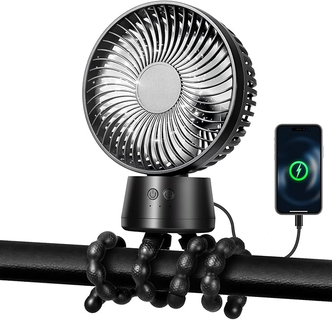 50H Portable Stroller Fan, 15000mAh Ultra-Long Battery Powered Rechargeable Personal Fans, Tripod Clip Fan with Auto Rotation，3 Speed Desk Handheld Cooling for Travel Car Seat Bedroom